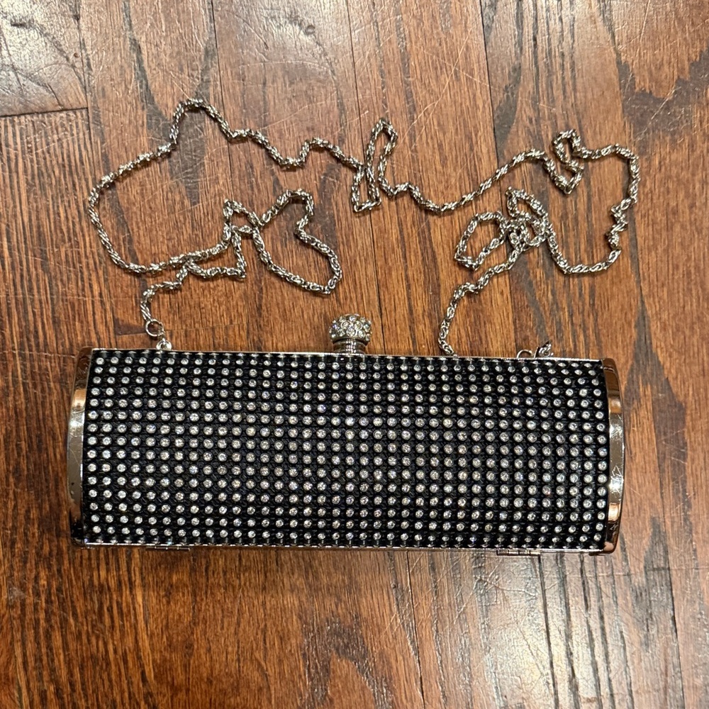 Crystal-Studded Black Evening Clutch with Chain Strap